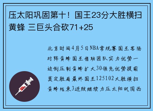 压太阳巩固第十！国王23分大胜横扫黄蜂 三巨头合砍71+25